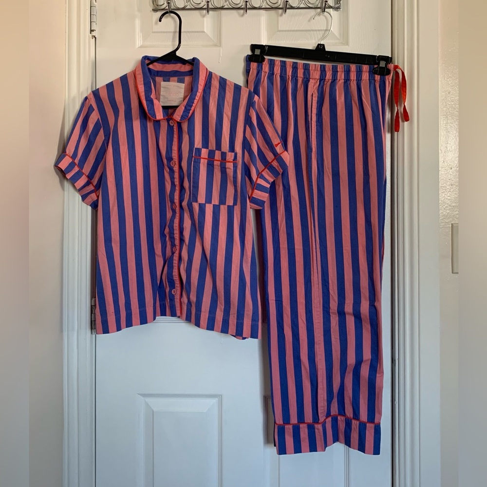Bando - pink / blue thick striped pajama set, with minimal red trim